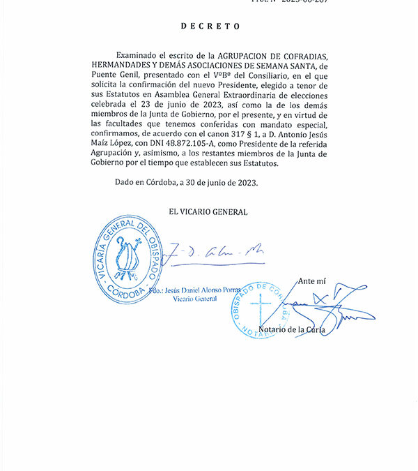 Recibido el decreto de aprobación de la nueva junta directiva por parte del Obispado.